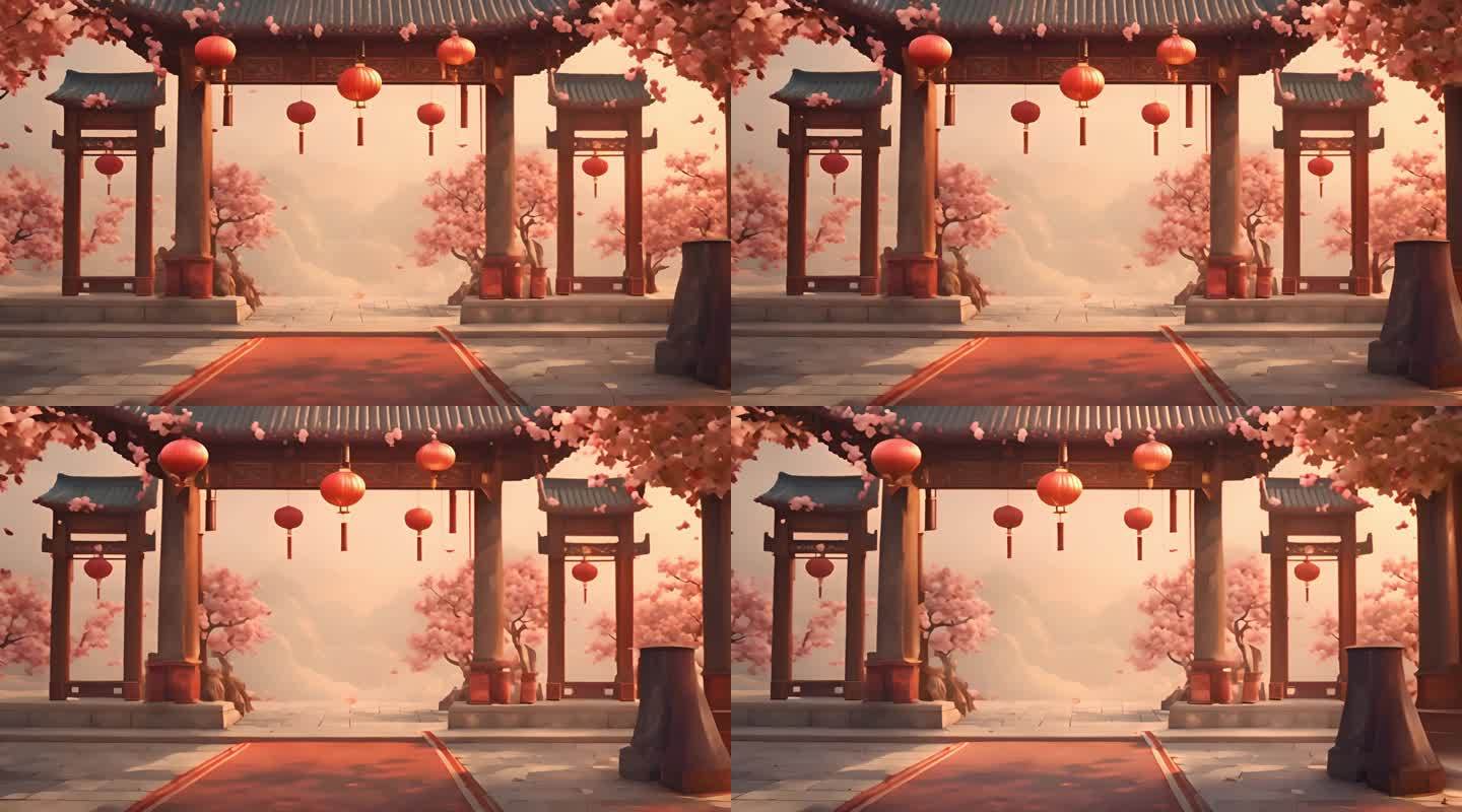 中式建筑春节灯笼背景