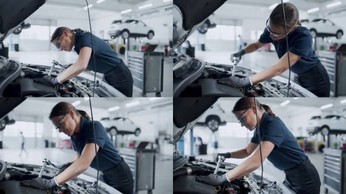 女机械师在汽车修理店修理汽车发动机