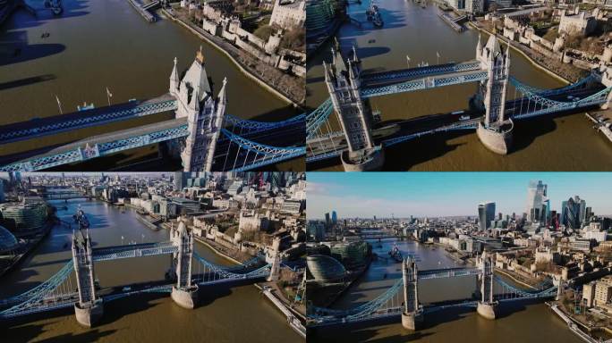 鸟瞰伦敦阳光明媚的泰晤士河上的塔桥