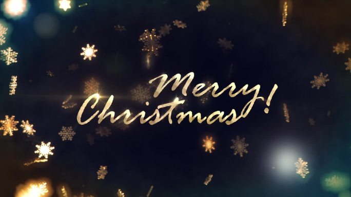 圣诞快乐金色文字闪耀光动画与美丽的金色雪花和耀光爆发电影标题抽象背景。新年标题介绍节日装饰庆祝。