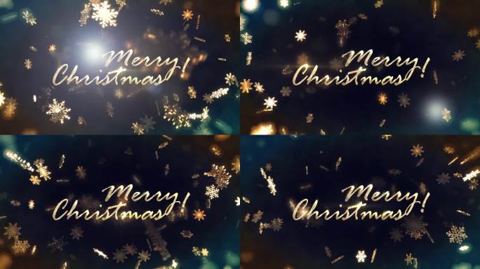 圣诞快乐金色文字闪耀光动画与美丽的金色雪花和耀光爆发电影标题抽象背景。新年标题介绍节日装饰庆祝。
