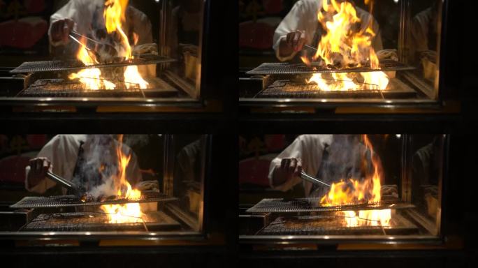 木炭火焰火烤烤鸡肉串日式传统居酒屋食品