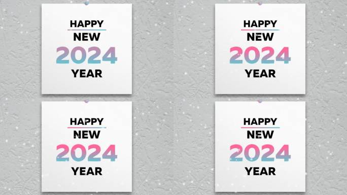 新版2024年日历的第一页特写，上面写着新年快乐，周围是飘落的雪花