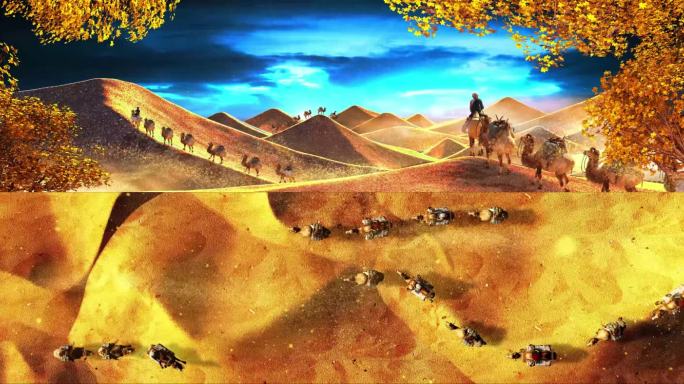 超宽屏沉浸式风沙沙漠丝绸之路骆驼背景视频