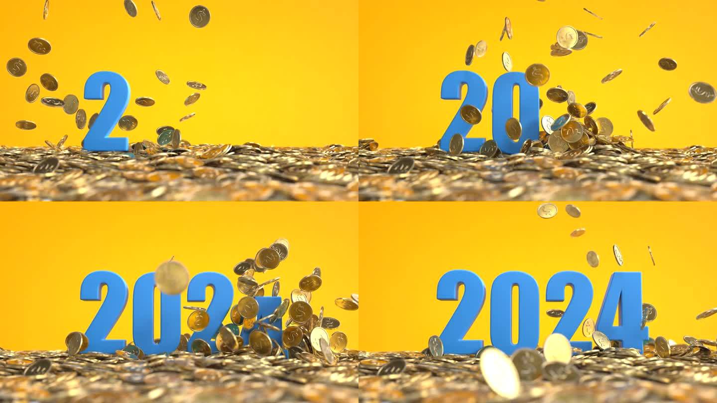 数字2024从一堆金币中升起，商业概念