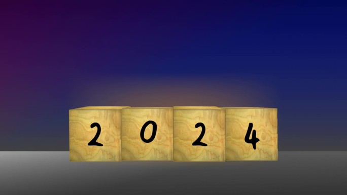 新年主题-新年主题与木盒过渡到2024和“新年快乐”文字动画在紫色和深蓝色的背景