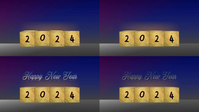 新年主题-新年主题与木盒过渡到2024和“新年快乐”文字动画在紫色和深蓝色的背景