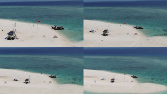 西沙群岛南海岛礁渔船国旗航拍