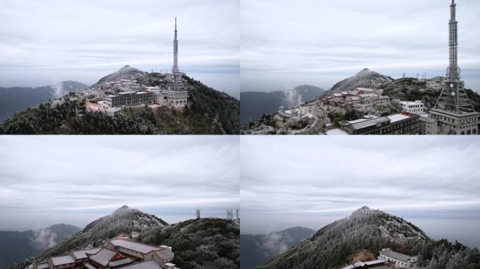 湖南南岳衡山松树凇雪景祝融峰上封寺