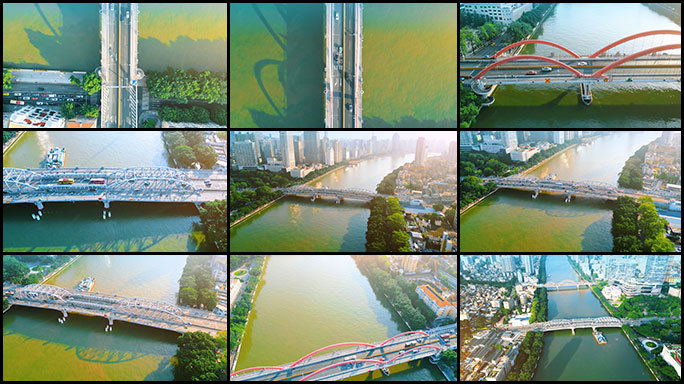 航拍广州珠江桥梁与城市风景4K影片