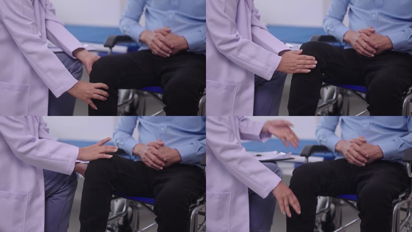 资深亚洲女医生理疗师在医院骨科治疗检查老年患者的膝关节损伤疼痛问题或脊椎整腿调整，保健和医疗理念。