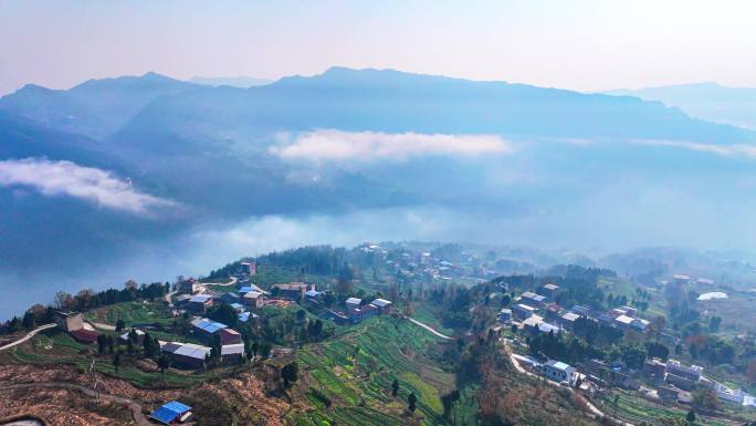 村庄村落航拍晨雾山川延时