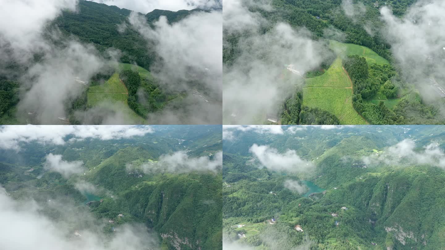 雨后云雾农村大山云雾袅绕农村场景视频开场