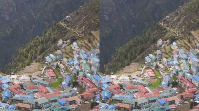 从上面看南车集市。尼泊尔的喜马拉雅山脉。垂直视频