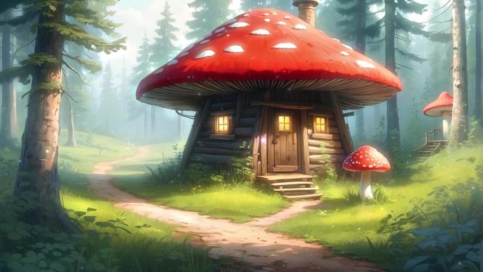 4K唯美梦幻卡通动漫油画蘑菇房背景