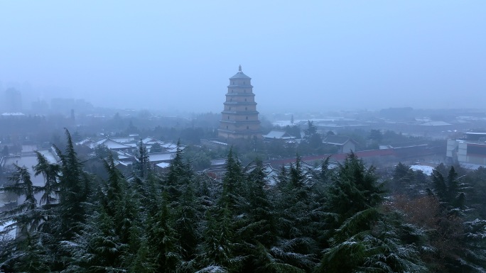 西安大雁塔雪景航拍合集（多视角长视频）