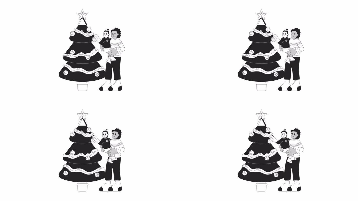 小女孩妈妈用2D人物动画装饰圣诞树