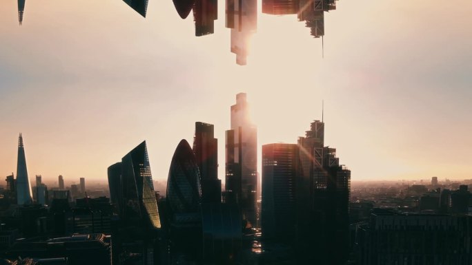 日出时伦敦高层建筑的镜像剪影