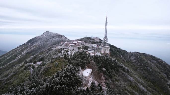 湖南南岳衡山松树凇雪景祝融峰上封寺