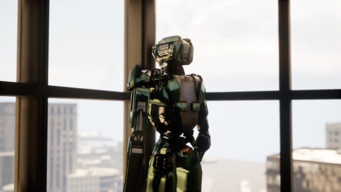 机器人在有全景窗户的宽敞办公室里，看着窗外的摩天大楼，未来的概念