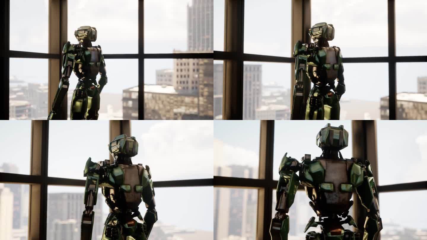 机器人在有全景窗户的宽敞办公室里，看着窗外的摩天大楼，未来的概念