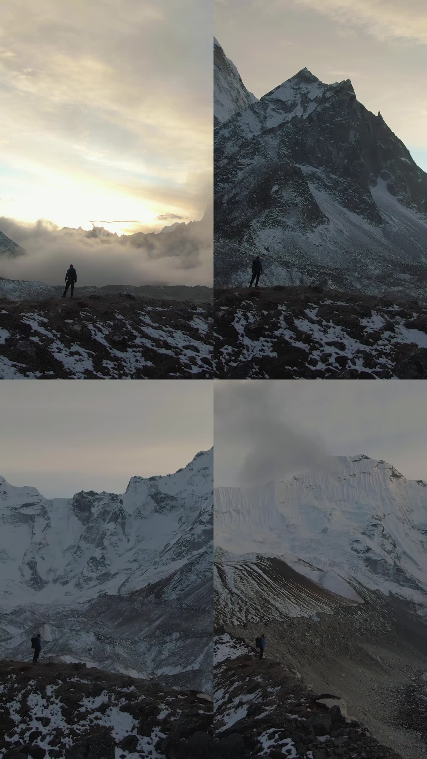 Ama Dablam山和日落时的徒步旅行者。尼泊尔的喜马拉雅山脉。鸟瞰图。垂直视频
