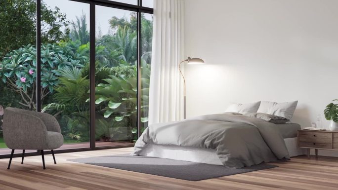 动画现代卧室与热带风格的花园视图3d渲染