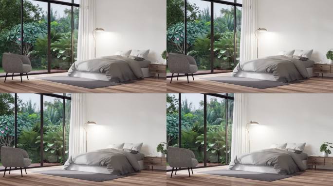 动画现代卧室与热带风格的花园视图3d渲染