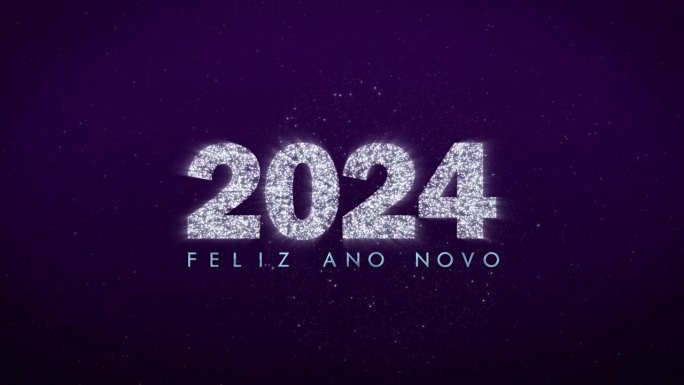 Feliz ano novo 2024。祝2024年葡萄牙人新年快乐。闪闪发光的动画字母和数字在深蓝