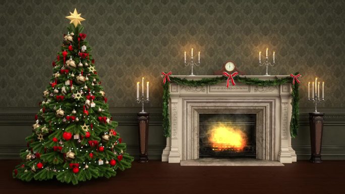 温馨的冬季节日场景，圣诞树旁边是明火，燃烧着火和蜡烛。3 d动画。
