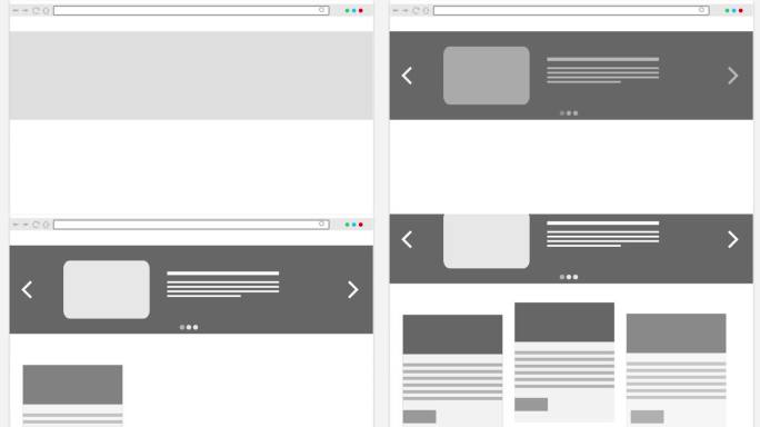 网页界面动画在白色背景。简单的网页设计与搜索栏，滑块，标题和内容。4K在线网站线框视频