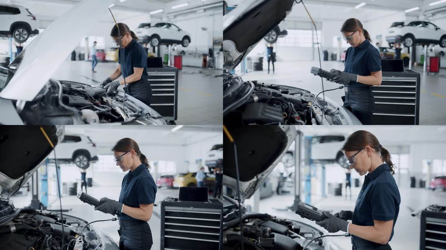 女机械师在汽车修理店修理汽车发动机。现代洁净车间。