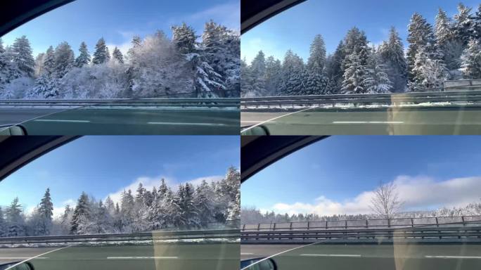 这是一片美丽得令人难以置信的冬季森林。透过车窗看到的山间冬季森林。白雪覆盖，白雪覆盖的树木，蔚蓝的天
