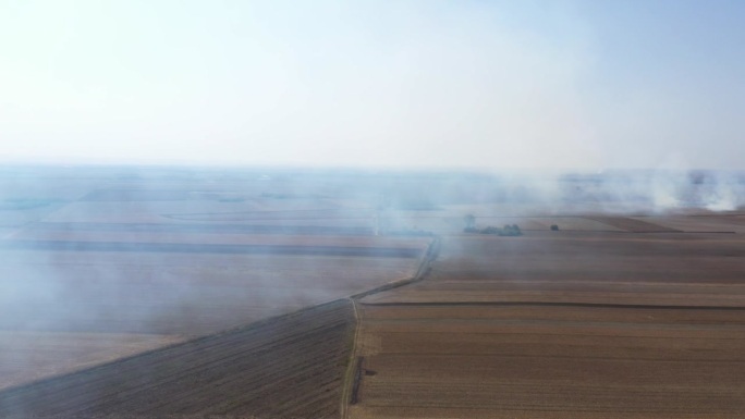 收获后的麦田残茬焚烧，空气污染和自然灾害，无人机拍摄
