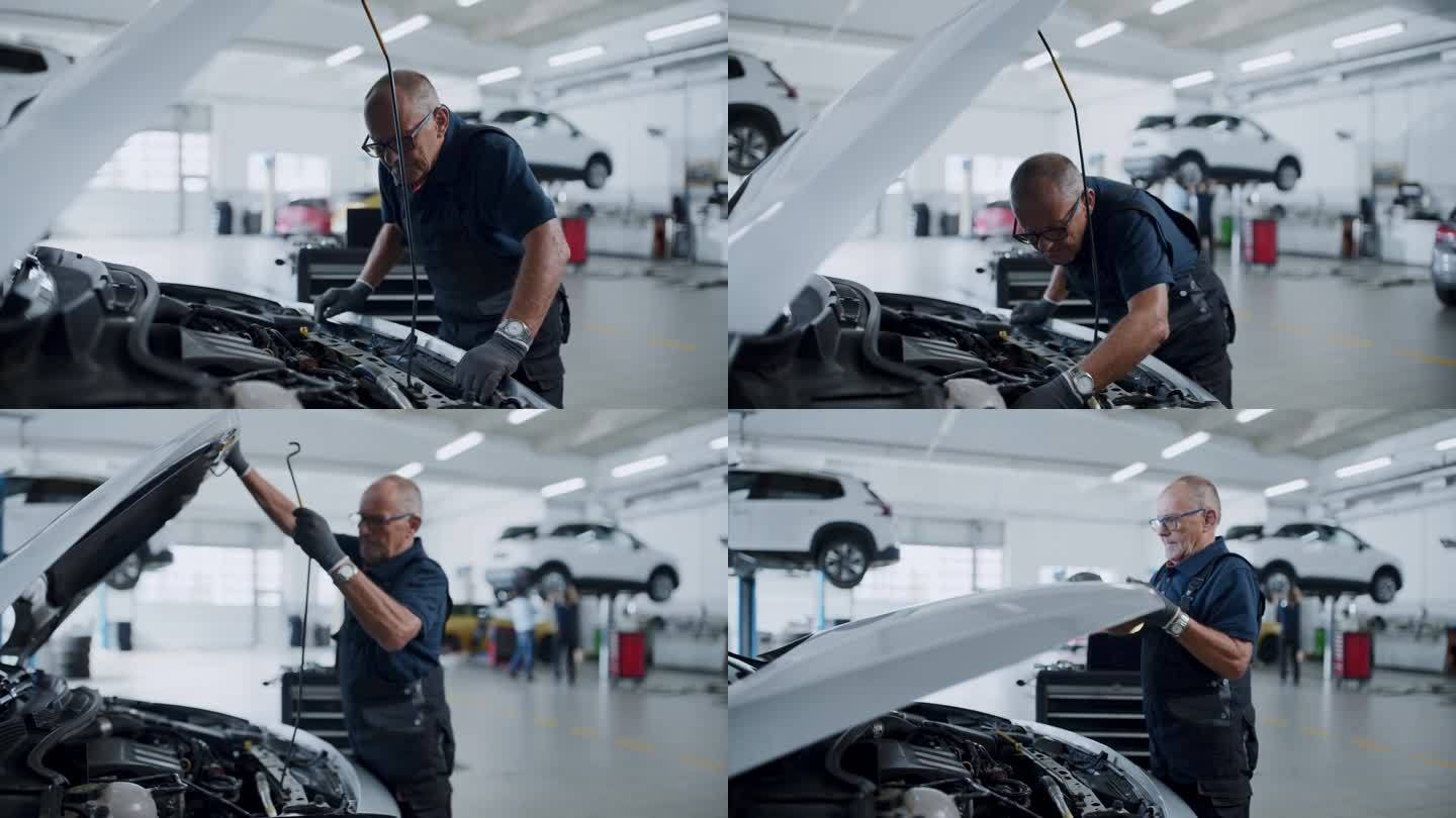 男机械师在汽车修理厂检查汽车发动机