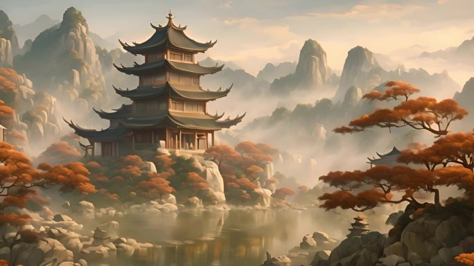 中式建筑山水画背景