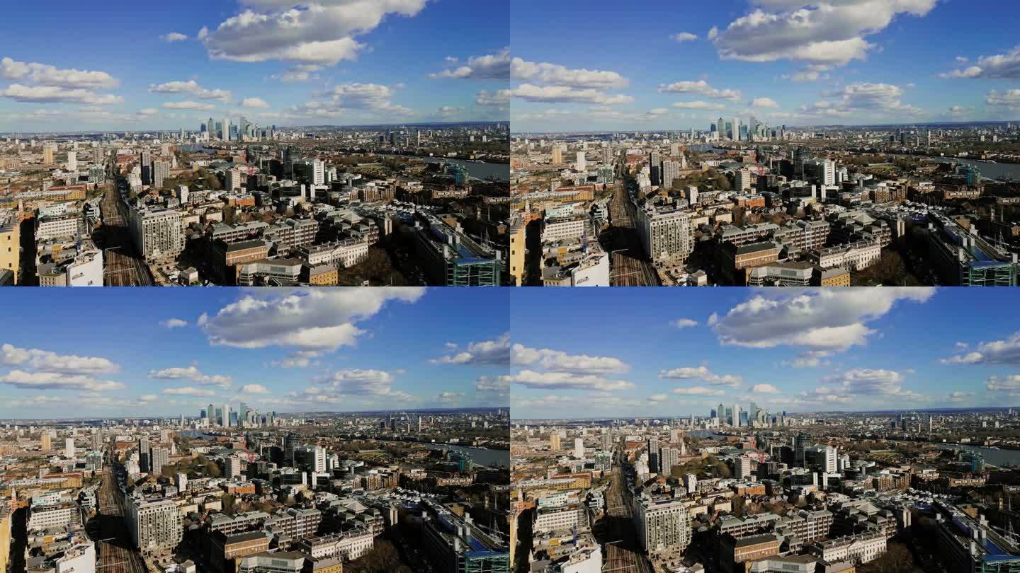 无人机在阳光明媚的伦敦城市景观中的建筑视角