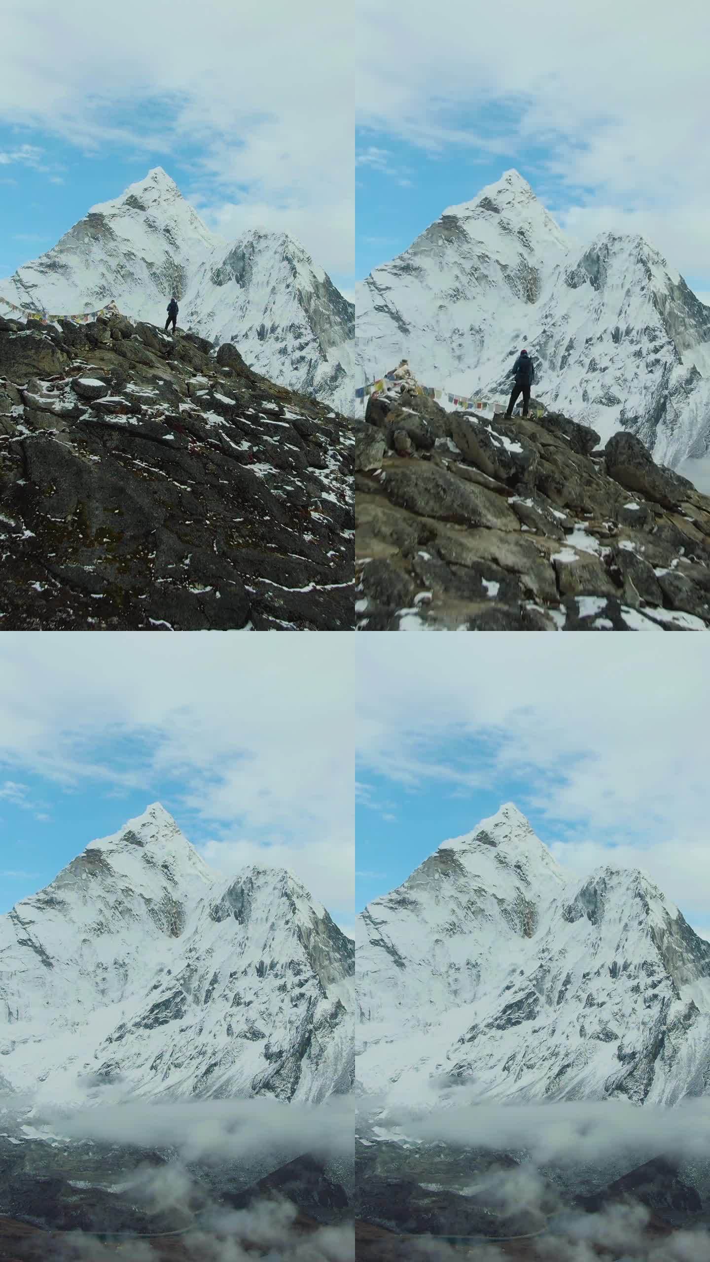 徒步旅行者在看Ama Dablam山。尼泊尔的喜马拉雅山脉。鸟瞰图。垂直视频