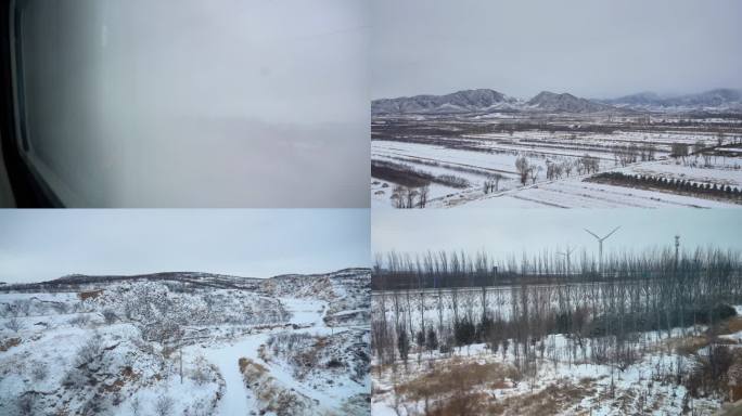 冬季下雪 高铁窗外冬季农田雪景