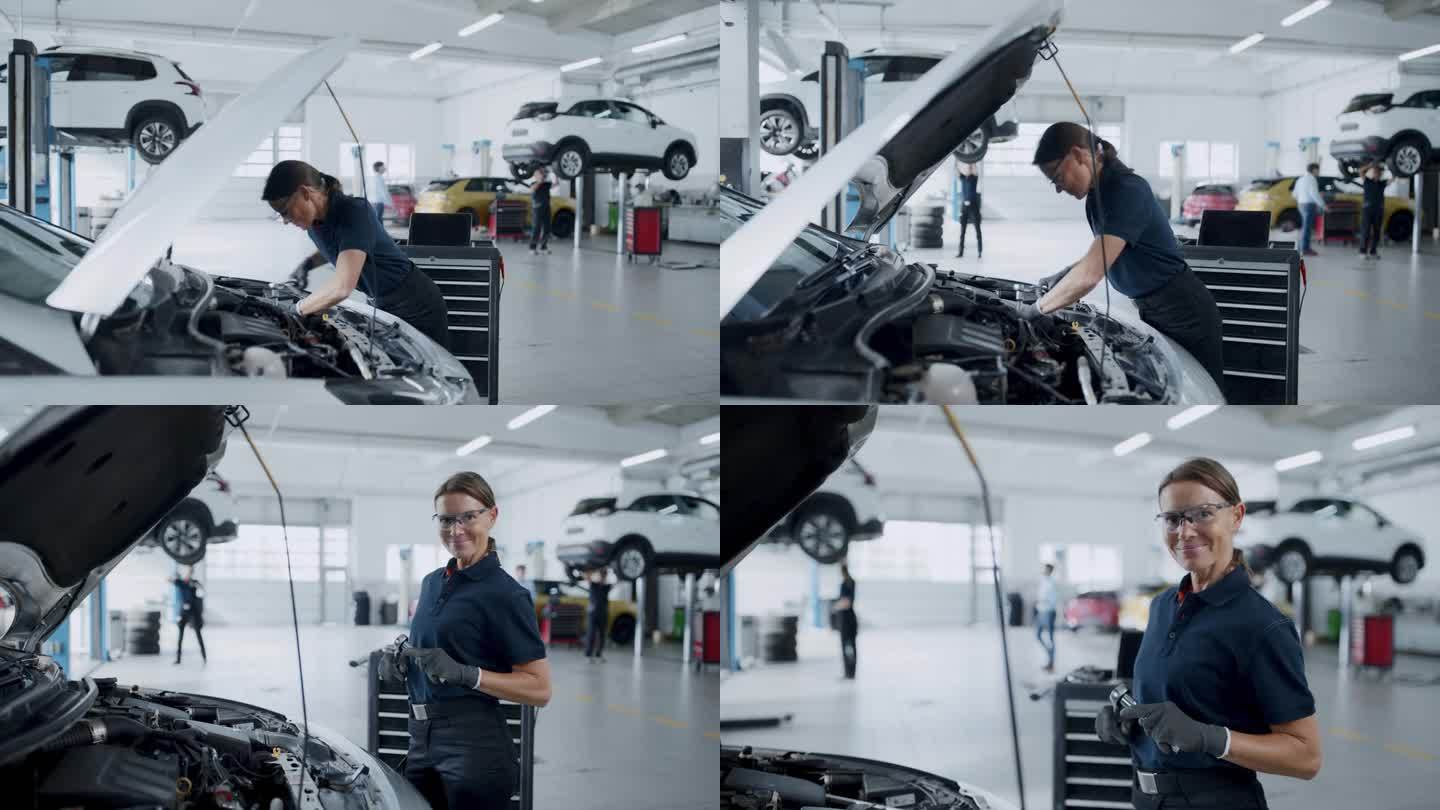 图为女机械师在修理店修理汽车发动机。现代洁净车间