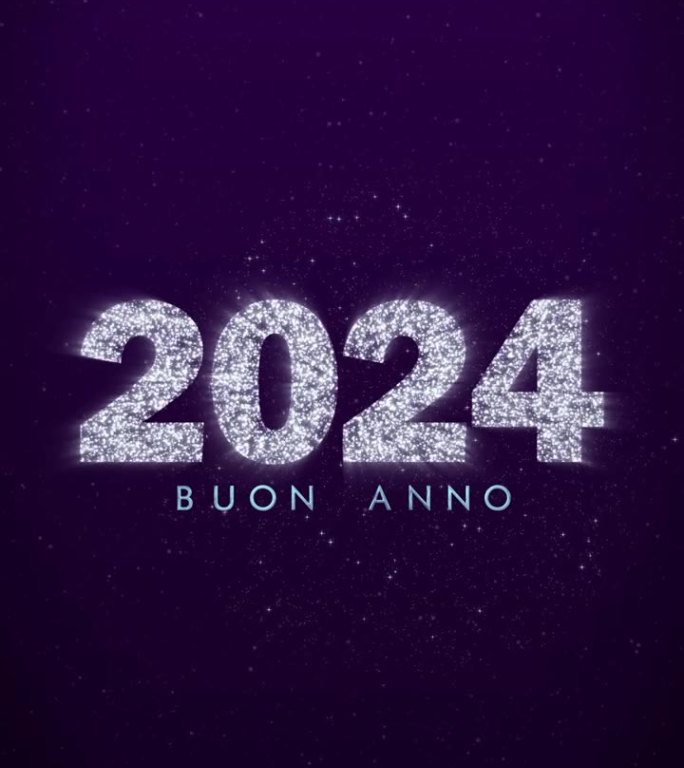 2024年。2024年新年快乐垂直银色文字配上五颜六色的烟花。意大利的问候。银色动画字母和数字在紫色