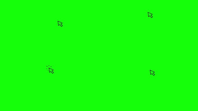 鼠标光标的动画黑色符号。箭头移出并点击。图标在素描风格。手绘矢量插图隔离在绿色背景。