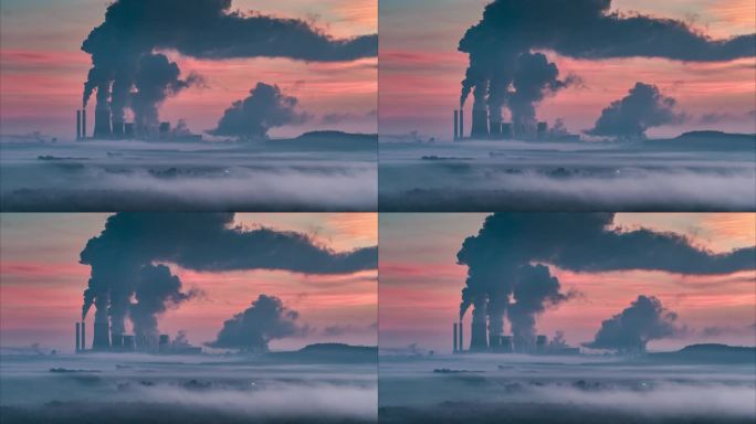 日出时燃煤发电站的剪影