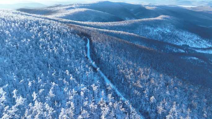 航拍黎明时的大兴安岭林海雪原