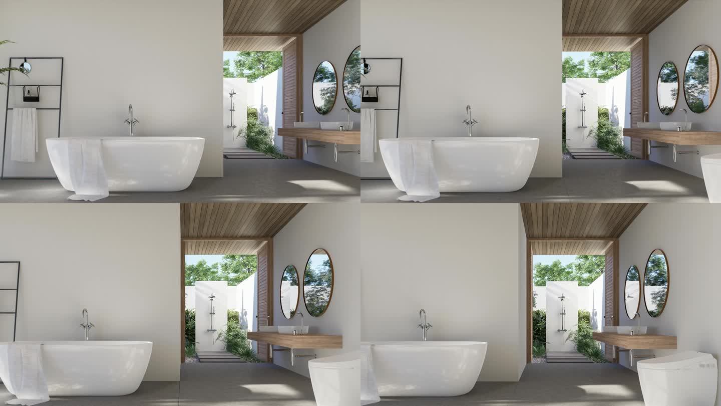 动画的现代现代阁楼浴室与户外淋浴3d渲染