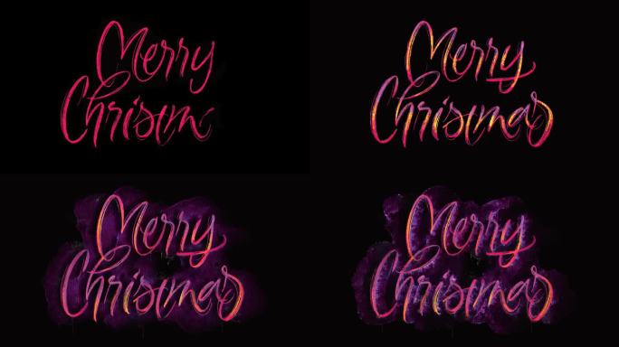 圣诞快乐明亮和丰富多彩的笔刷刻字标题在黑色背景上的水彩和油停止运动渲染。肮脏的纹理，墨水流动，滴水和