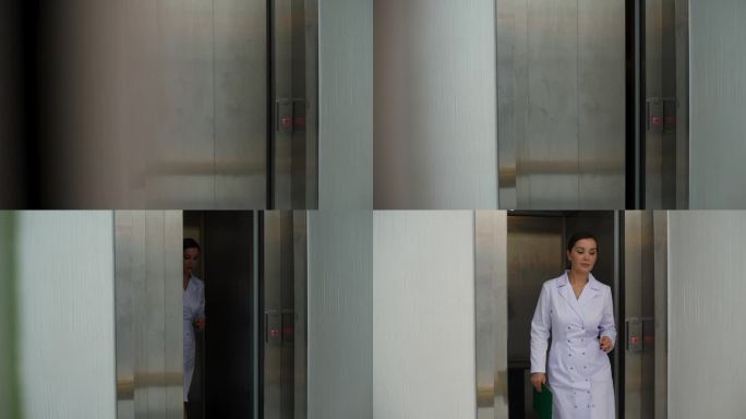 穿着白大褂制服的迷人女医生走下电梯，手里拿着写字板走在医院走廊上。