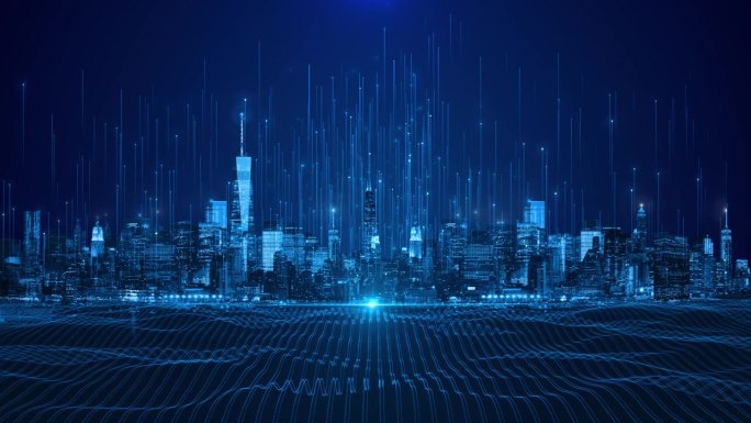 现代数字智慧城市城市景观天际线。全球通信和网络。大城市的网络空间。