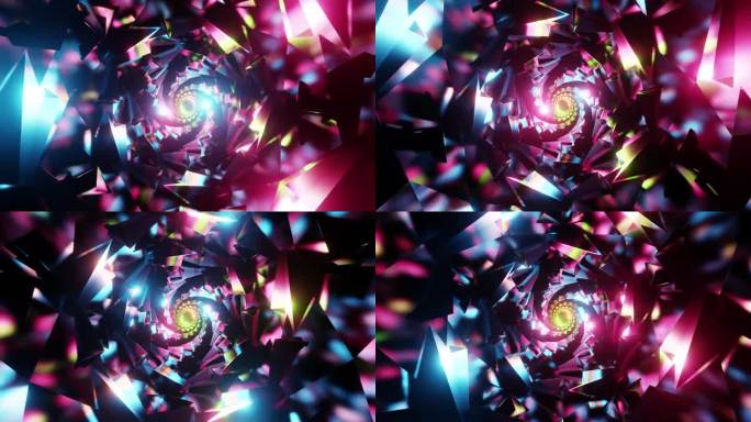 螺旋彩色几何漩涡与闪亮的高光3d渲染。旅行通过时间漩涡vj循环，dj舞蹈舞台背景迪斯科俱乐部，餐厅，