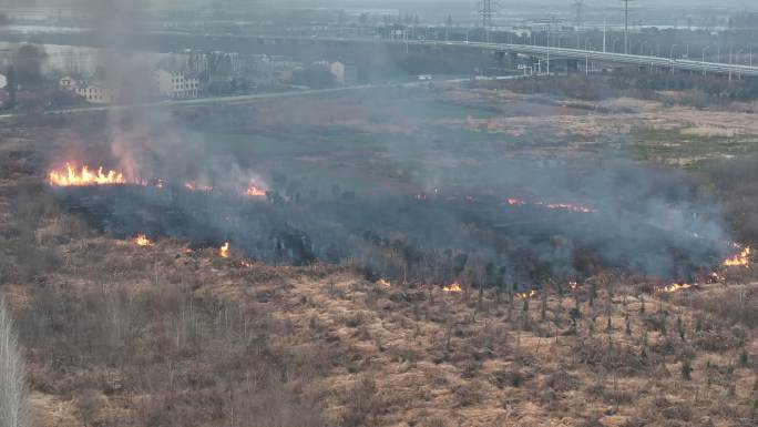 长江边村子里田野空地失火火灾现场航拍纪实